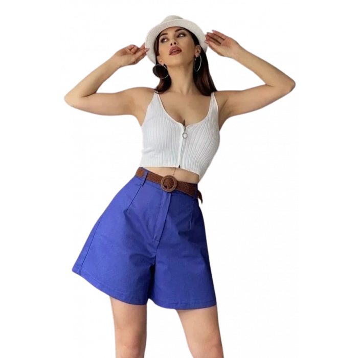 Rahat Kalıp Kemerli Mom Şort - MAVİ