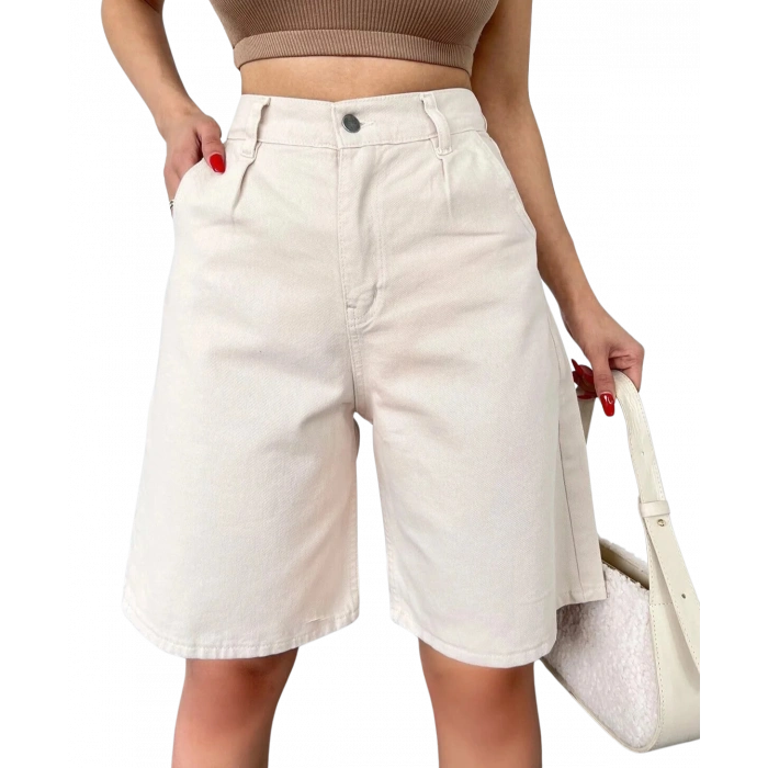 Rahat Kesim  Denim Şort CEPLİ-Krem