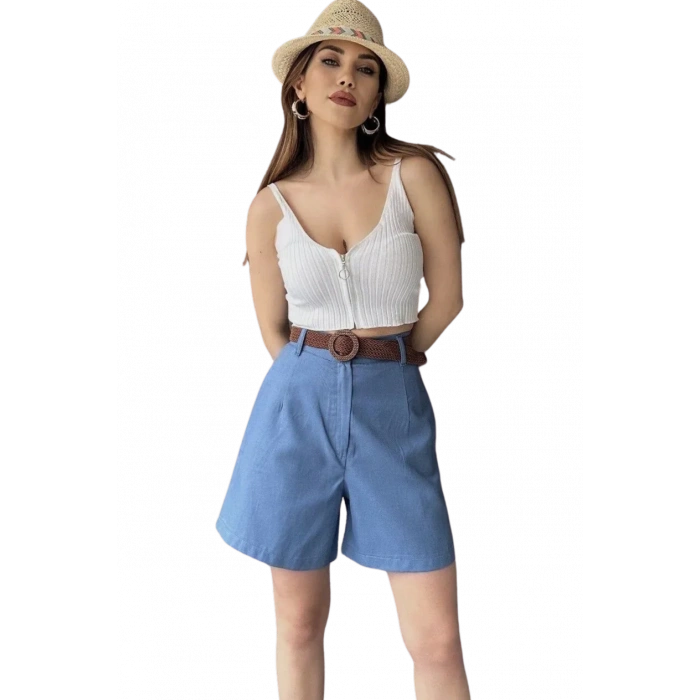 Rahat Kesim Kemerli Mom Şort-AÇIK MAVİ