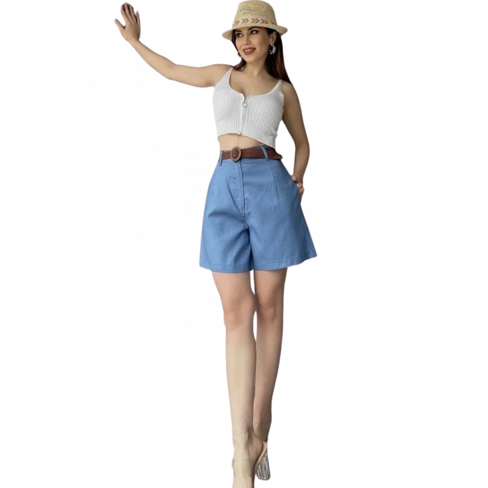 Rahat Kesim Kemerli Mom Şort-AÇIK MAVİ