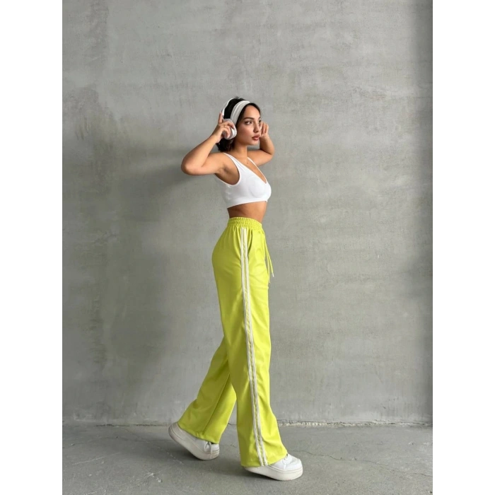 Şeritli deri pantolon yeşil h26430