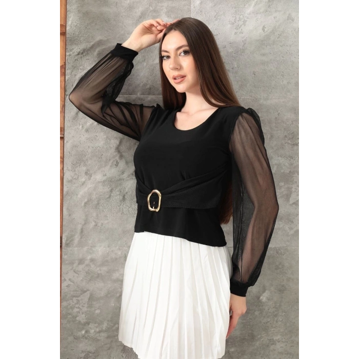 Tokalı tül kollu bluz siyah t4071