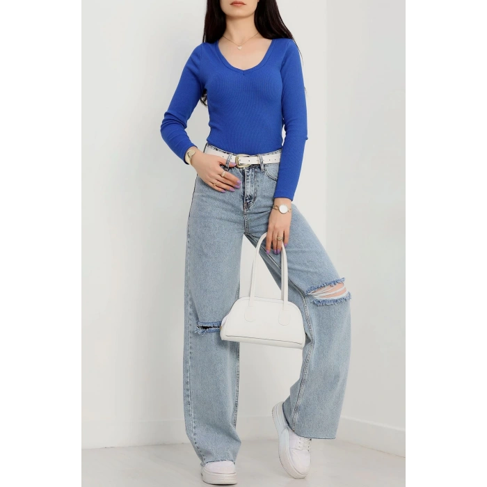 V yaka kaşkorse bluz saks mavisi a3699