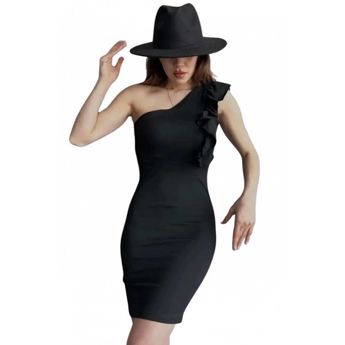 Volanlı Gece Elbisesi - SİYAH