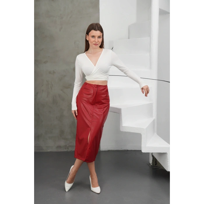 Yırtmaçlı uzun deri etek bordo