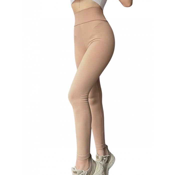 Yüksek Bel Fitilli Şardonlu Tayt - BEJ