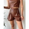 Çift fermuarlı deri şort kahve h24394