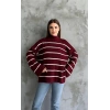 Çizgili ispanyol kol triko boğazlı kazak bordo elf