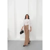 Deri geniş paça beli lastikli pantolon bej h263644
