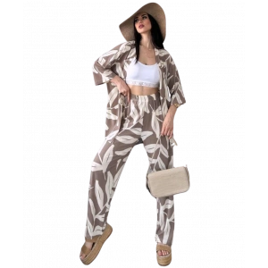 Alt Üst Takım Kimono- Desenli-Kahverengi