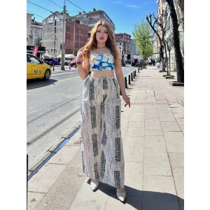 Baskılı Bağcıklı keten pantolon krem