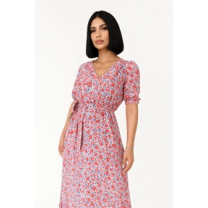 Çiçek Desenli  Yırtmaçlı Elbise - PEMBE