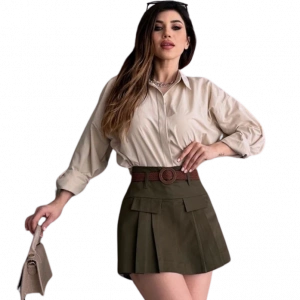 Kemerli Kapak Detaylı  Etek - HAKİ