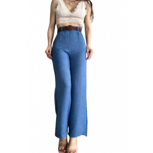 Kemerli Keten Pantolon -MAVİ