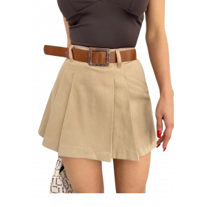 Kemerli Pileli Etek - Kahverengi