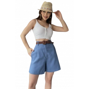 Rahat Kesim Kemerli Mom Şort-AÇIK MAVİ