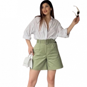 Rahat Kesim Kemerli Mom Şort - HAKİ