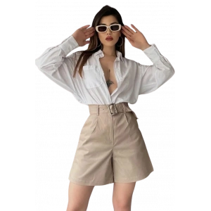 Rahat Kesim Kemerli Mom Şort - KREM