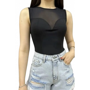 Tül Detaylı Dalgıç Bluz-SİYAH