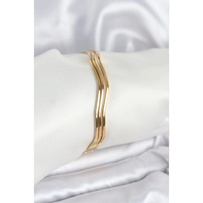 316L Çelik Gold Renk 65 mm Ajda Zikzak Model 3lü Kadın Bileklik