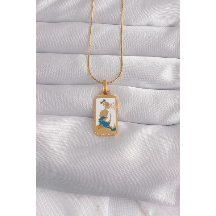 316L Çelik Gold Renk Beyaz Mineli Kız Figür Tarot Kolye