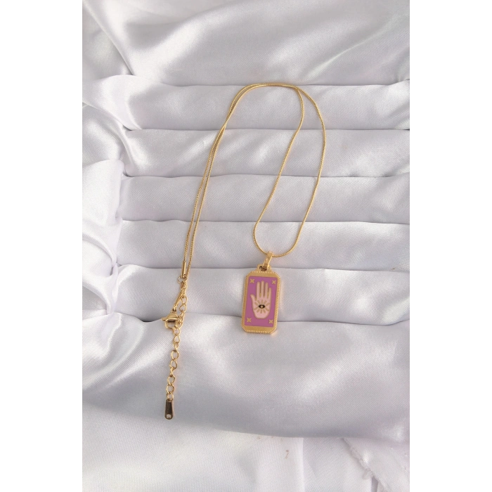 316L Çelik Gold Renk Mor Mineli El Figür Tarot Kolye