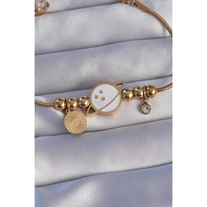 316L Çelik Gold Renk Zirkon Taşlı Mineli Satürn Tasarımlı Bileklik