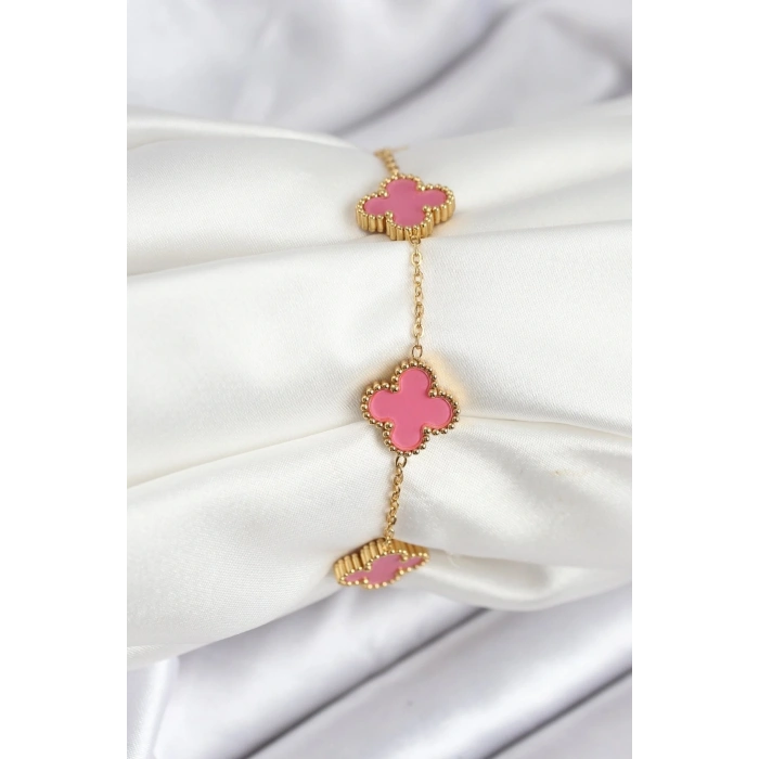 316L Çelik Gold Zincir Pembe Yonca Renk Bileklik