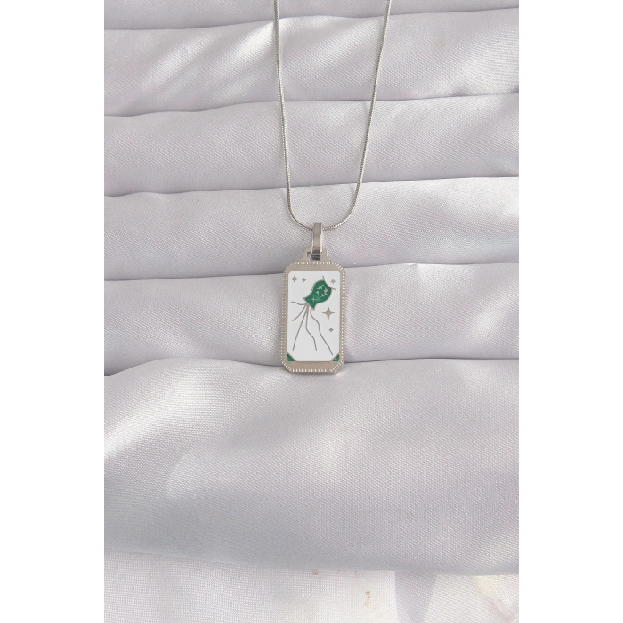 316L Çelik Gümüş Renk Beyaz Mineli Tarot Kolye