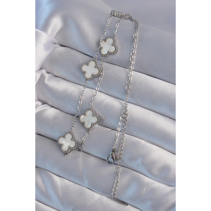 316L Çelik Gümüş Renk Beyaz Sedefli Yonca Kolye