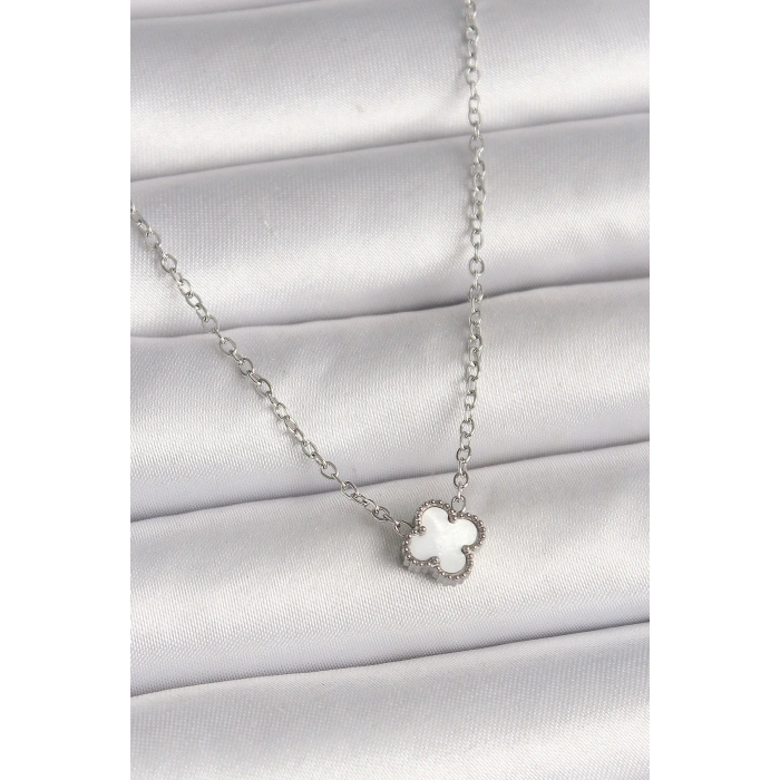 316L Çelik Gümüş Renk Beyaz Yonca Model Kadın Kolye