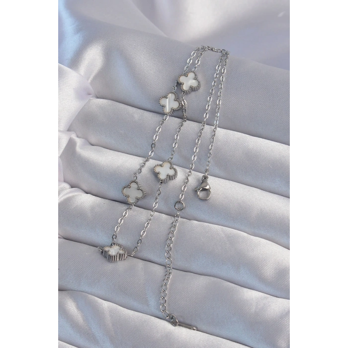 316L Çelik Gümüş Renk Minimal Beyaz Sedefli Yonca Kolye