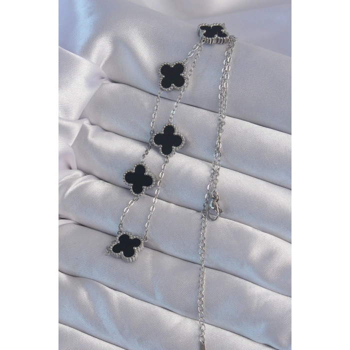 316L Çelik Gümüş Renk Siyah Mineli Yonca Kolye