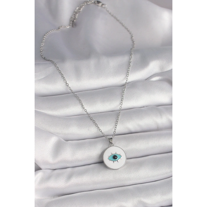 316L Çelik Gümüş Renk Zincir Beyaz Mineli Turkuaz Göz İşleme Model Kadın Kolye