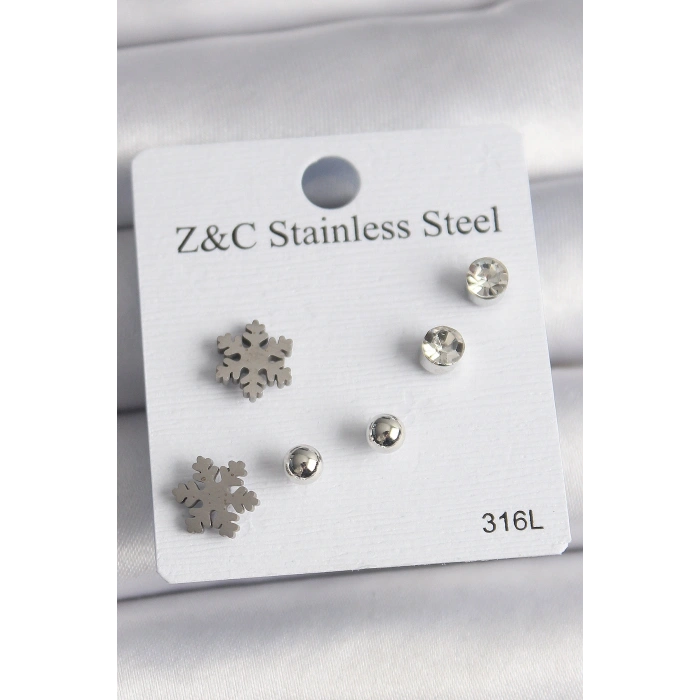 316L Çelik Gümüş Renk Zirkon Taşlı Kar Tanesi Model Kadın Küpe Seti