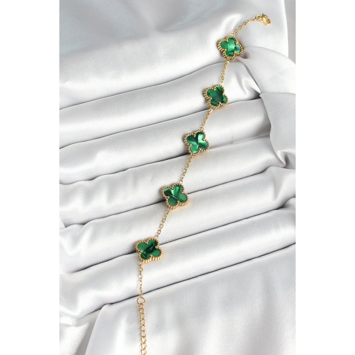 316L Çelik Sedefli Zümrüt Yeşil Gold Renk Yonca Kadın Bileklik