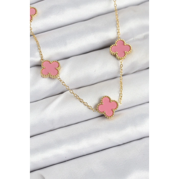 316L Çelik Zincir Gold Pembe Renk Yonca Kadın Kolye