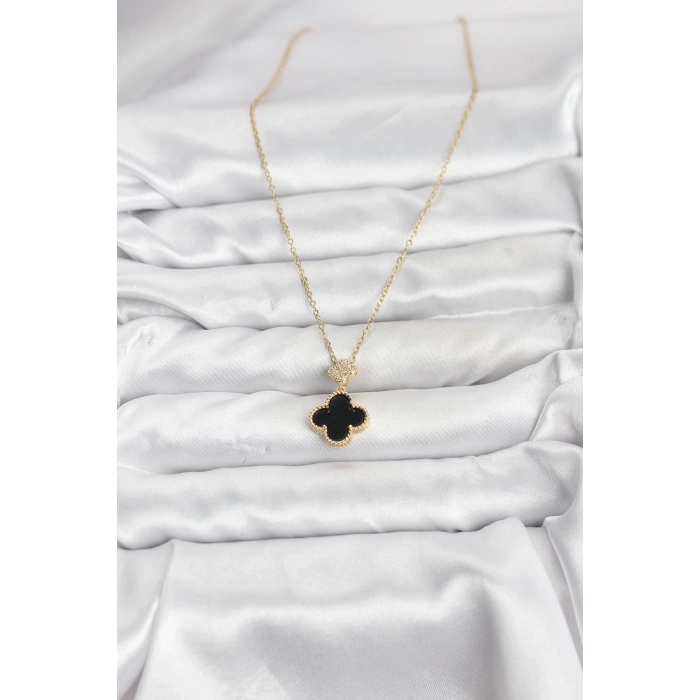 316L Çelik Zincir Gold Renk Yonca Model Zirkon Taşlı Kadın Kolye