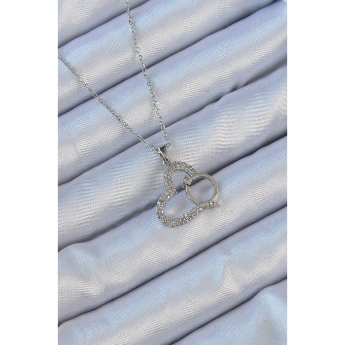 316L Çelik Zincir Gümüş Renk Zirkon Taşlı Yüzüklü Kalp Kolye