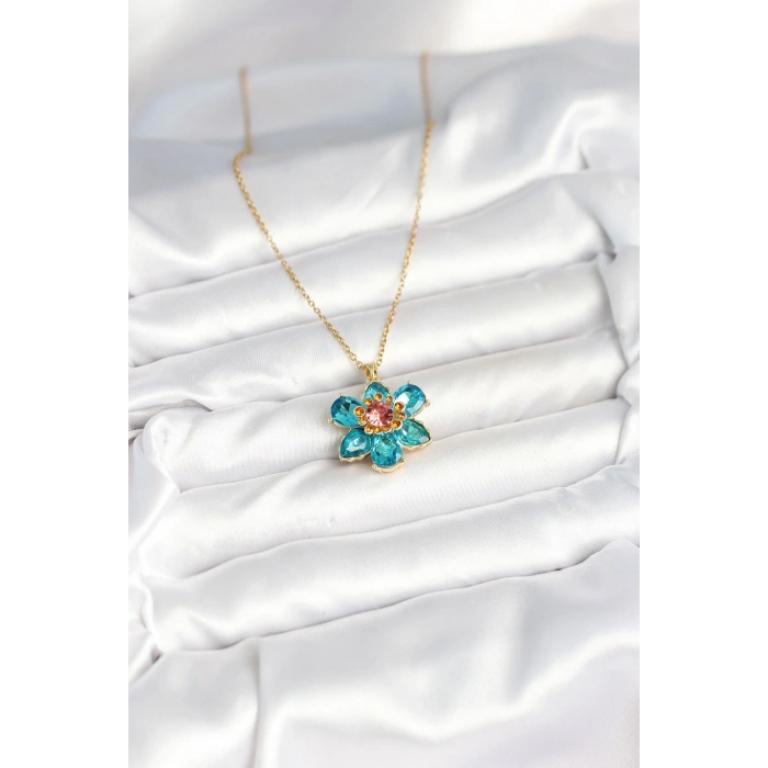 316L Çelik Zincirli Mavi Çiçek Model Kadın Kolye