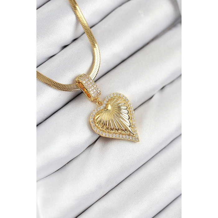 316L Çelik Zirkon Taşlı Kalp Model Gold Renk Kadın Kolye