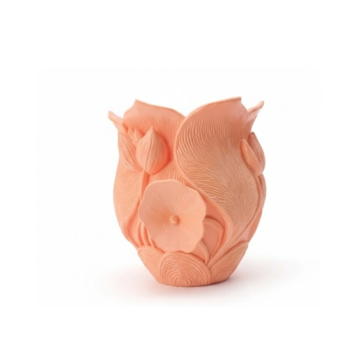 3D Kabartmalı Çiçek Motifli Turuncu Dekoratif Vazo