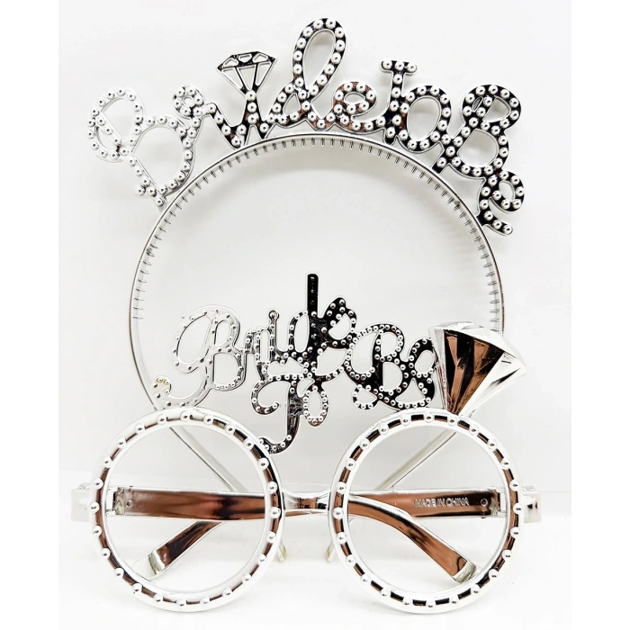 Bride To Be Yazılı Taç ve Bride To Be Yazılı Gözlük Seti Gümüş Renk (5047)