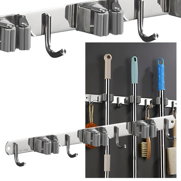 Dört Kancalı Askılık Üç Klıpslı Paspas Süpürge Tutucu