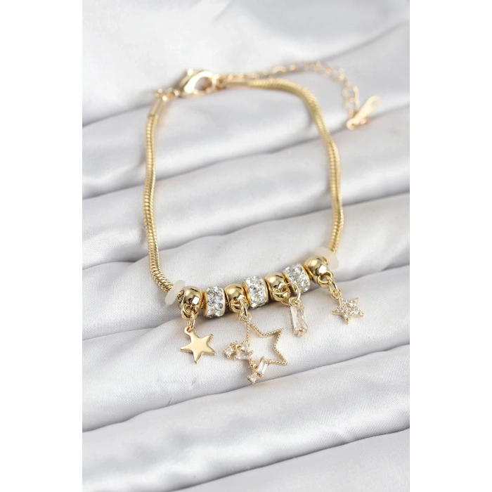 Gold Renk Pirinç Yıldız Model Charmlı Kadın Bileklik