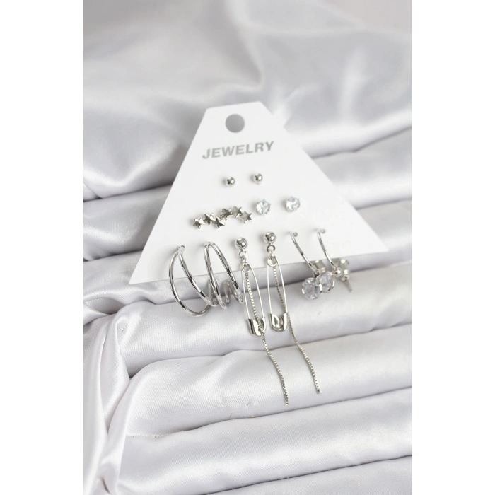 Gümüş Renk 6lı Pirinç Küpe Seti