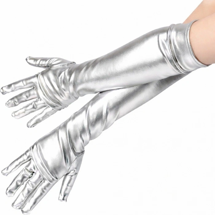 Gümüş Renk Dirsek Altı Lüks Saten Eldiven 40 cm