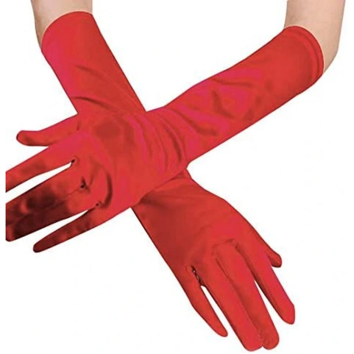 Kırmızı Renk Dirseğe Kadar Uzun Kumaş Eldiven 40 cm