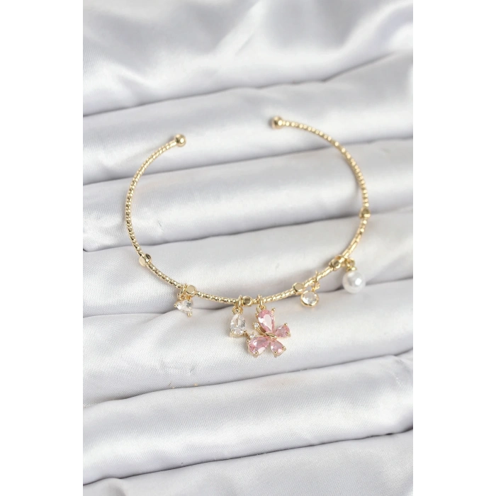 Pembe Kelebek Charmlı Gold Renk Kadın Bileklik
