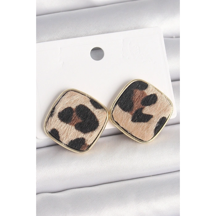 Pirinç Gold Renk Kare Leopar Model Kadın Küpe